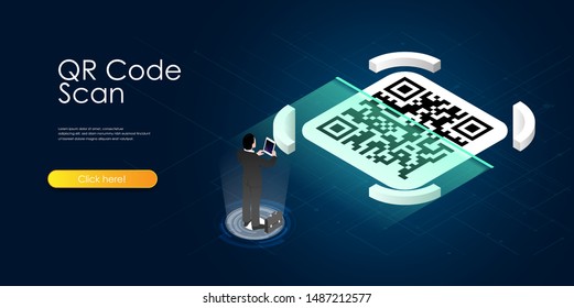 QR Code Scanning Vector Isometric Llustration Concept, Smartphone And Scan Qr Code For Payment And Everything, Can Use For, Landing Page, Template, Ui, Web, Mobile App, Poster, Banner
