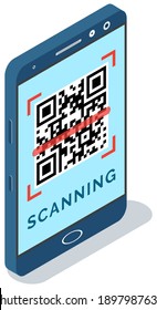 Qr code scanning via mobile phone application scanner device isometric vector illustration, future recognition technology, information data barcode isolated on blue background. QR code verification