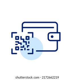 QR code scanning with a wallet as a form of contactless payment. Pixel perfect, editable stroke line art icon