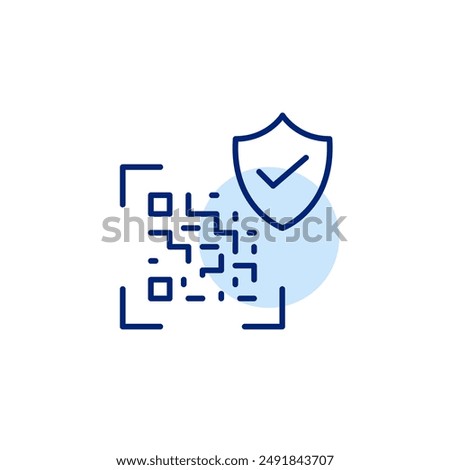 Qr code, security shield and checkmark. QR code authentication, verified access. Pixel perfect, editable stroke icon