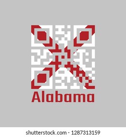 QR code set the color of Alabama flag, The states of America,  Red St. Andrew's saltire in a field of white. text: Alabama.