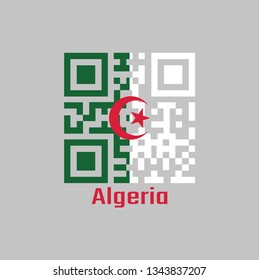 QR code set the color of Algeria flag, it is consists of two equal vertical bars, green and white, charged in the center with a red star and crescent. with text Algeria.