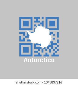 QR code set the color of Antarctica flag. A plain white map of the continent on a blue background. with text Antarctica.