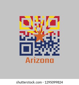 QR code set the color of Arizona flag. The states of America. red and yellow on the top half, with star and the rest of the flag is blue with text Arizona.