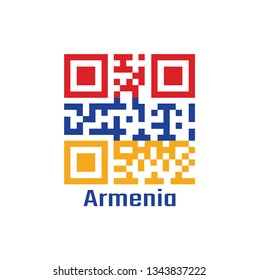 QR code set the color of Armenia flag, a horizontal tricolor of red, blue, and orange. with text Armenia.