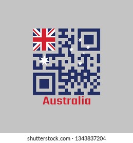 QR code set the color of Australia flag, blue red and white color with white star and Union Jack, with text Australia.