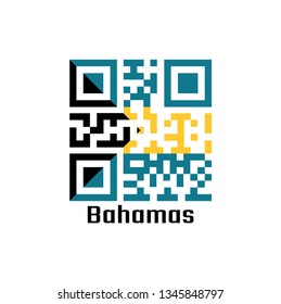 QR code set the color of Bahamas flag, a horizontal triband of aquamarine (top and bottom) and gold with the black chevron aligned to the hoist-side, text Bahamas.