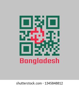 QR code set the color of Bangladesh flag, a red disc on green field and name text Bangladesh.