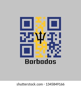 QR code set the color of Barbados flag, A vertical triband of ultramarine (hoist-side and fly-side) and gold with the black trident-head centred on the gold band. with text Barbados.