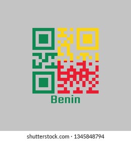 QR code set the color of Benin flag. A horizontal bicolor of yellow and red with a green vertical band at the hoist. with text Benin.