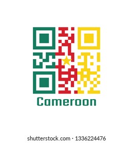 QR code set the color of Cameroon flag. A vertical tricolor of green, red and yellow, with a gold star centered on the red band with text Cameroon.