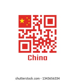 QR code set the color of China flag. a large golden star within an arc of four smaller golden stars, in the canton, on a field of red with text China.