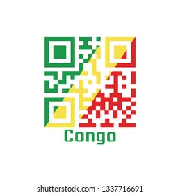 QR code set the color of Congo flag. A diagonal tricolor of green, yellow and red radiating from the lower hoist side corner. with text Congo.