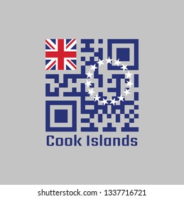 QR code set the color of Cook Islands flag. Blue ensign with a ring of fifteen white stars in the fly. with text Cook Islands.