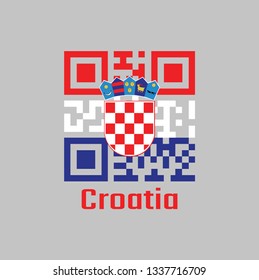 QR code set the color of Croatia flag. it is a horizontal tricolor of red white and blue with the Coat of Arms of Croatia in the centre. with text Croatia.