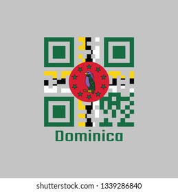 QR code set the color of Dominica flag, A green field with the centred cross of yellow, black and white and red disk with Sisserou Parrot encircled by ten stars. with text Dominica.