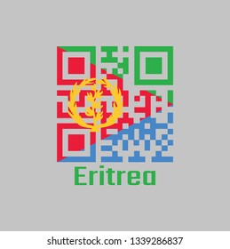 QR code set the color of Eritrea flag, A red isosceles triangle on blue and green triangle with olive branch on gold and text Eritrea.