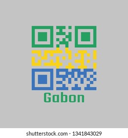 QR code set the color of Gabon flag. A horizontal triband of green, gold and blue. with name text Gabon.