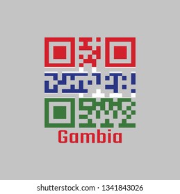 QR code set the color of Gambia flag. A horizontal tricolor of red, blue and green; each band of colour is separated by a narrow band of white. with name Gambia.