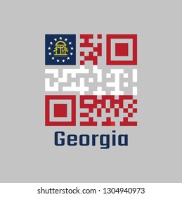 QR code set the color of Georgia flag, The states of America, stripes of red and white, and coat of arms on blue. with text Georgia.