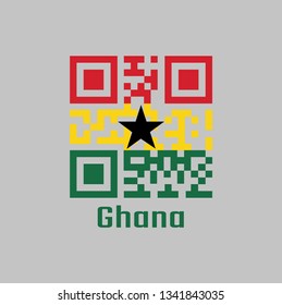 QR code set the color of Ghana flag. A horizontal triband of red, gold, and green, charged with a black star in the centre. with text Ghana.