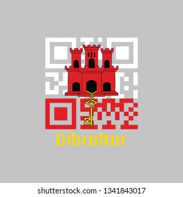 QR code set the color of Gibraltar flag. White with a red stripe with three towered, Each tower has a door and a window and hangs a gold key. with text Gibraltar.