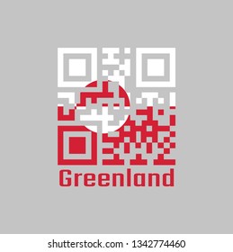 QR code set the color of Greenland flag. A horizontal bicolor of white and red, with a counterchanged disk slightly off-centre towards the hoist, with text Greenland.