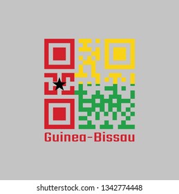 QR code set the color of Guinea Bissau flag. One vertical red line on the hoist side charged with a black star; two horizontal lines on the fly side. with name text Guinea Bissau.