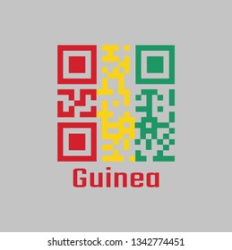 QR code set the color of Guinea flag. A vertical tricolor of red yellow and green. with name text Guinea.