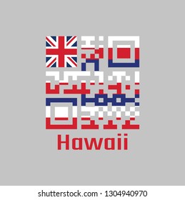 QR code set the color of Hawaii flag, Eight alternating horizontal stripes of white, red, and blue, with a Union flag in the canton. with text Hawaii.
