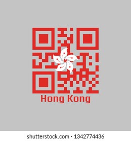 QR code set the color of Hong Kong flag, white five-petal Bauhinia blakeana flower in the centre of a red field. with name text Hong Kong.
