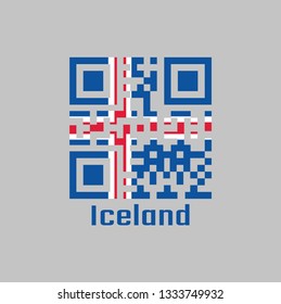 QR code set the color of Iceland flag. it is blue as the sky with a snow-white cross, and a fiery-red cross inside the white cross, with text Iceland.