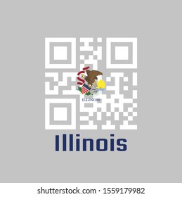 QR code set the color of Illinois flag. The states of America. Seal of Illinois on a white background.  text: Illinois.