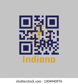 QR Code Set The Color Of Indiana Flag. A Gold Torch Surrounded By An Outer Circle Of Thirteen Stars, An Inner Semi Circle Of Five Stars, Crowned By The Word 'Indiana'. With Text Indiana.