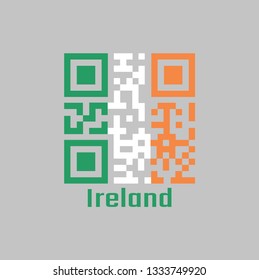 QR code set the color of Ireland flag. a vertical tricolor of green white and orange. with name text Ireland. 