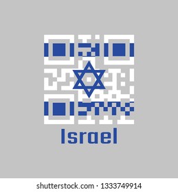 QR code set the color of Israel flag. It depicts a blue hexagram on a white background, between two horizontal blue stripes. with text Israel.