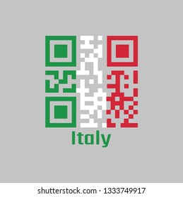 QR code set the color of Italy flag. It is A vertical tricolor of green white and red with name text of Italy.
