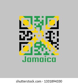 QR code set the color of Jamaica flag. A gold diagonal cross divides the field into four triangles of green and black with text Jamaica.