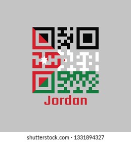 QR code set the color of Jordan flag. a horizontal triband of black white and green; with a red chevron based on the hoist side containing a white star with text Jordan.