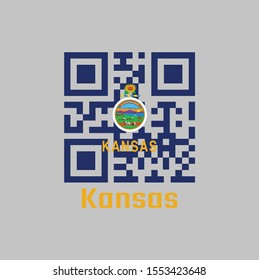 QR code set the color of Kansas flag. The states of America. Seal of Kansas on a field of azure, a sunflower is displayed above the seal and the word "Kansas” below. text: Kansas.