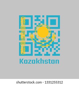 QR code set the color of Kazakhstan flag. gold sun above eagle on blue field. The hoist side displays a national ornamental pattern "the horns of the ram” in gold with text Kazakhstan.
