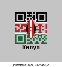 QR code set the color of Kenya flag. A horizontal of black, white red, and green with two crossed white spears behind a red, and black Maasai shield with text Kenya.
