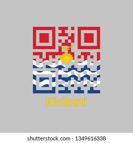 QR code set the color of Kiribati flag, red and blue with the yellow frigate bird flying over the rising sun and three white wavy  text: Kiribati.