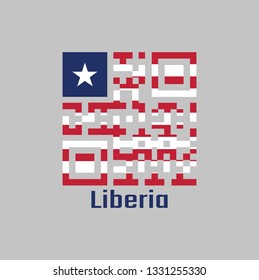 QR code set the color of Liberia flag. Eleven horizontal stripes alternating red and white; in the canton, a white star on a blue field with text Liberia.