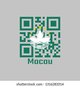 QR code set the color of Macau flag. green with a lotus and stylised Governor Nobre de Carvalho Bridge and water in white, and five gold star with text Macau.