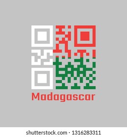 QR code set the color of Madagascar flag. Two horizontal bands of red and green with a white vertical band on the hoist side with text Madagascar.
