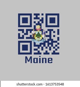 QR code set the color of Maine flag, Maine coat of arms defacing blue field. text: Maine.