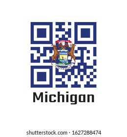 QR code set the color of Michigan flag, State coat of arms on a dark blue field. text: Michigan. The state of America.