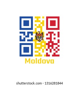 QR code set the color of Moldova flag. vertical tricolor of blue yellow and red with the Coat of Arms on center with text Moldova.