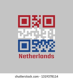 QR code set the color of Netherlands flag. red white and blue color with text Netherlands.